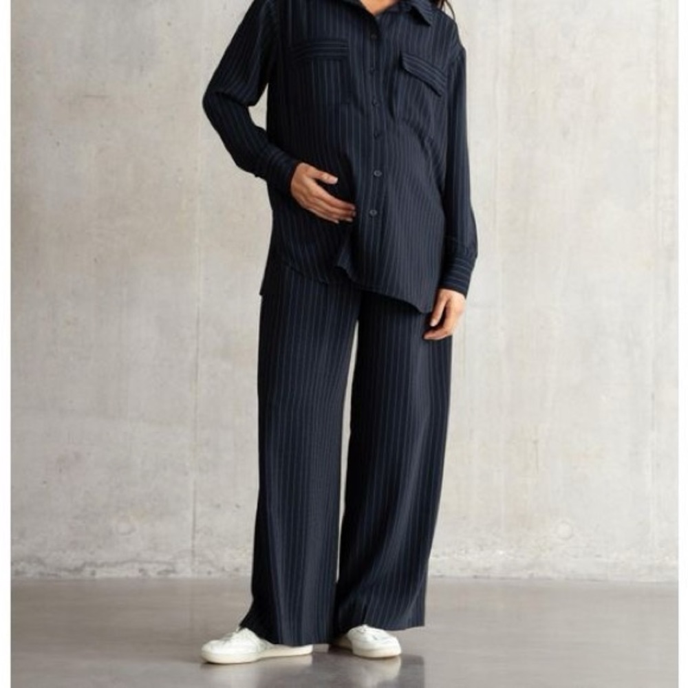 Seraphine Dark Blue Pinstripe Wide Leg Maternity Pants